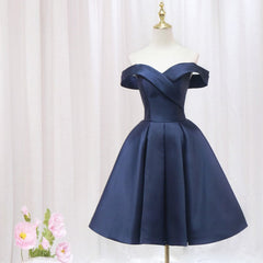 Navy Pleated Satin Homecoming Dress With Off Shoulder