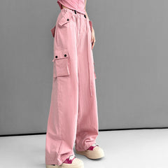 Spring Summer Drawstring High Waist Wide Leg Loose Multi-pockets Pant