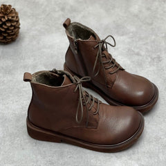 Genuine Leather Ankle Boots Wide Toe Box Lace up Flat Boots