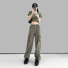 Spring Summer Drawstring High Waist Wide Leg Loose Multi-pockets Pant