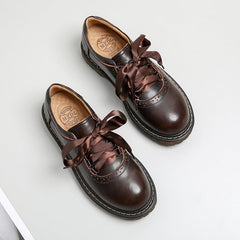 Round Toe Retro Ribbon Lace Up Oxford Shoes - Flats