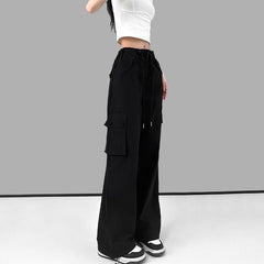 Spring Summer Drawstring High Waist Wide Leg Loose Multi-pockets Pant