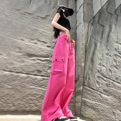 Spring Summer Drawstring High Waist Wide Leg Loose Multi-pockets Pant