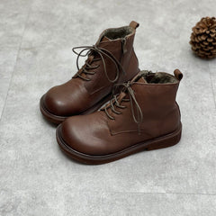 Genuine Leather Ankle Boots Wide Toe Box Lace up Flat Boots