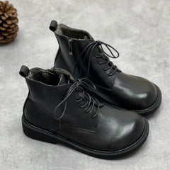 Genuine Leather Ankle Boots Wide Toe Box Lace up Flat Boots