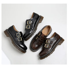 Retro Round Head Double Buckle Leather JK Loafers Shoes