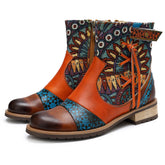 Women's Printed Leather Jacquard Ankle Boots Zipper Non-slip Low Boots