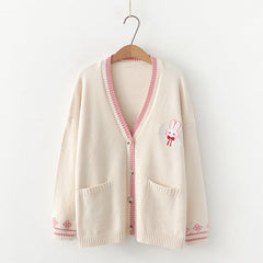 Rabbits Embroidery Cardigan Sweater Long Sleeve