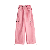 Spring Summer Drawstring High Waist Wide Leg Loose Multi-pockets Pant