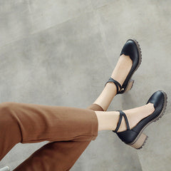 Cute Ankle Cross Strap Block Heel Mary Jan Shoes