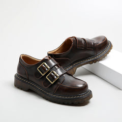 Retro Round Head Double Buckle Leather JK Loafers Shoes