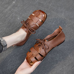 Cow Leather Retro Woven Sandals Lace-Up Soft Sole Women's Shoes