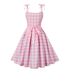 70s for Spaghetti Straps Plaid Pink Dress