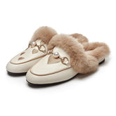 Embroidered Fur Pearl Buckle Slippers Mules Flat