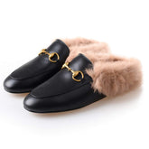 Horsebit Backless Fur Flat Slippers Mules