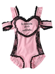 One Piece Swimsuit Hearts Pattern Lace Ruffles Bows Lolita Kawaii for Women