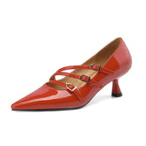 Patent Leather Pointed Toe Kitten Heels Pumps with Buckle