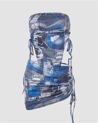 Faux Denim Patch Drawstring Coord Set