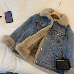 Winter Fleece Denim Jacket Thicken Warm Casual Plush Coats