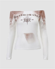Heart Print Off-Shoulder Long Sleeve T-Shirt