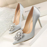 Rhinestone Satin Pointed High Heels
