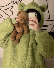 Bear Ear Fuzzy Zip Up Hooded Jacket