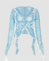 V-Neck Ruffle Mesh Top