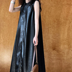 Drape A-line Sleeveless PU Long Dress