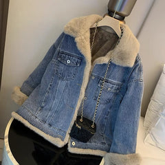 Winter Fleece Denim Jacket Thicken Warm Casual Plush Coats