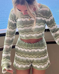 Stripe Print Crochet Shorts Coord