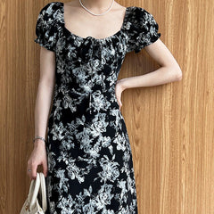 Vintage Floral Square Neck Drawstring Tie Dress