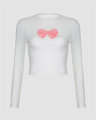 Bow Print Round Neck Long Sleeved T-shirt