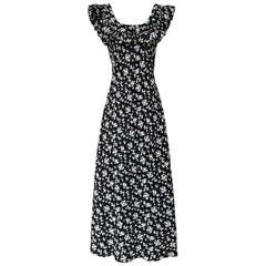 Square Neck Ruffle Floral Dress Hepburn Style Maxi Dresses