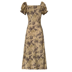 Vintage Floral Square Neck Drawstring Tie Dress