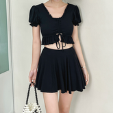 Two-piece Swimsuit Ruffled Black Top and Skirt Set Bathing Suit Lace-up Swimwear