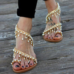 Women's Summer Pearl Tassel Flat Sandals