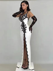 Black lace long leg revealing dress sexy party dress