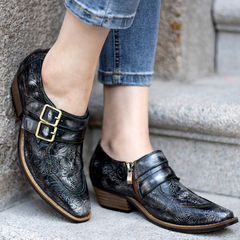 Floral Embossed Leather Zipper Belt Buckle Oxford Shoes