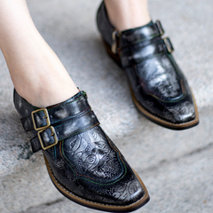 Floral Embossed Leather Zipper Belt Buckle Oxford Shoes