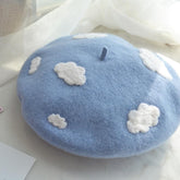 Handmade White Cloud Beret Hat Soft Wool Cap Winter Warm Beret Cap
