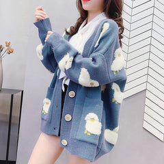 Y2K Knit Cardigan Kawaii Sheep Embroidery Preppy Sweater