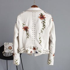 Floral Print Embroidery Faux Soft Leather Jacket