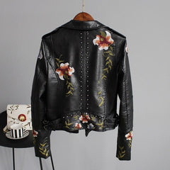 Floral Print Embroidery Faux Soft Leather Jacket
