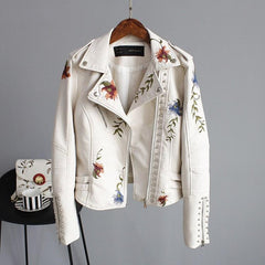 Floral Print Embroidery Faux Soft Leather Jacket