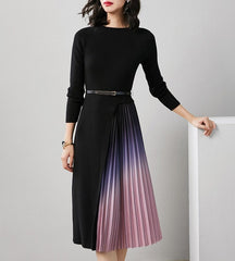 Women's Black Gradient Pleated Splicing Belted Knit Midi Dress