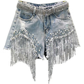 Summer Denim Shorts High Waisted Ripped Rhinestone Pearl Frayed Raw Hem Blue Jean Shorts