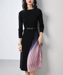 Women's Black Gradient Pleated Splicing Belted Knit Midi Dress