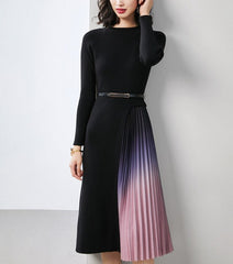 Women's Black Gradient Pleated Splicing Belted Knit Midi Dress