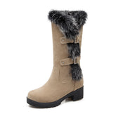 Winter Snow Boots Real Fur Rabbit Buckle Comfy Warm Mid-Calf High Boots