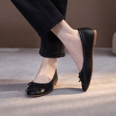 Women's Ballet Flats Shoes Leather Round Toe Bow Comfort Shoes